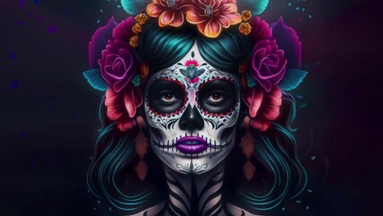 Stunning Day of the Dead Tribute: Seamless Loop Illustration of Female with Skull Face Paint