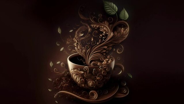 Inviting Aromas of Fresh Coffee: Eye-catching Illustration with Flourishes and Mint Leaves. Seamless loop.