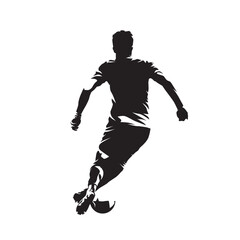 Fototapeta na wymiar Football. Soccer player running with ball, isolated vector silhouette, ink drawing. Team sport athlete