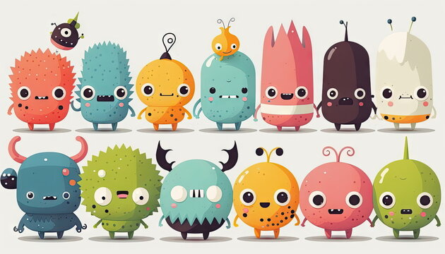 cute cartoon monsters, white background, vector illustration, Made by AI, Artificial intelligence