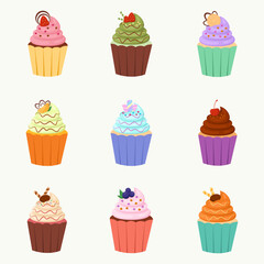 Set of colorful delicious creamy cupcake illustration vector