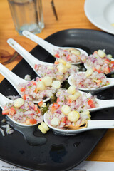 Choritos a la chalaca Sea food ceviche Assorted food plates Peru traditional comfort food buffet table