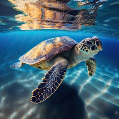 Fototapeta premium Sea turtle in crystal clear water. Amazing crystalline seabed. Reef full of life. Generative AI