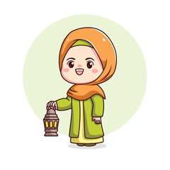 Cute hijab girl holding lantern kawaii chibi