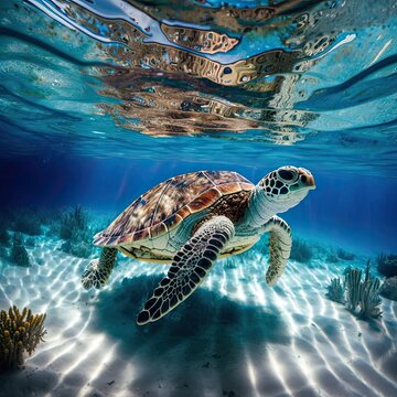 Sea turtle in crystal clear water. Amazing crystalline seabed. Reef full of life. Generative AI