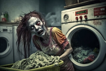 Fototapeta na wymiar Zombie woman doing laundry. Motherhood concept. Generative AI. 