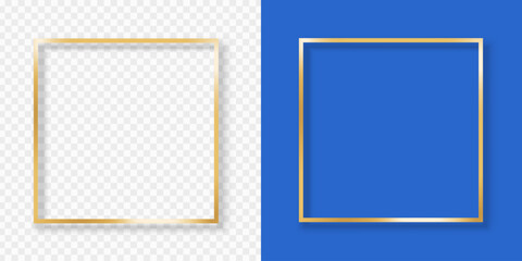 Set of vector shinning gold frames with shadow on transparent and blue background. Social media background, banner, or paper glamour card concept.