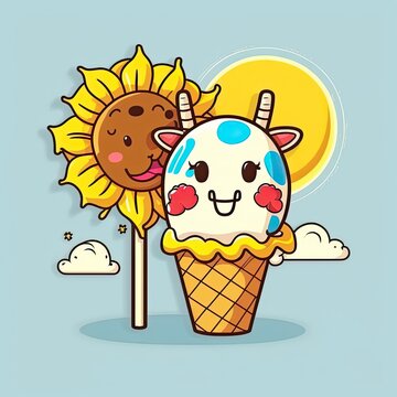 Funny cow eating an tasty ice cream in summer. Generative AI