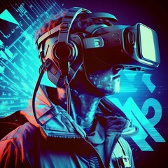 Futuristic man wearing wirtual reality headset at cyber space background. Metaverse concept. Player character in computer game interface.Created with Generative AI