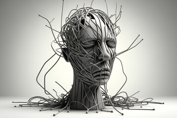 Generative AI of a head made of tangled wires. 