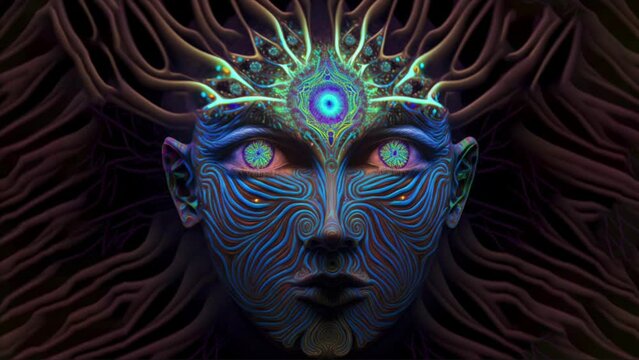 Interdimensional Psychedelic Trip: Wise Monk Entity and Otherworldly Woman in DMT LSD Journey on Seamless Loop