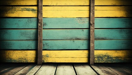  a wooden floor with a window in front of a wall with a yellow and blue stripe painted on the side of the floor and a wooden frame.  generative ai