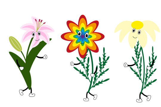 Set of mascot flowers. Lily, daisy and rainbow flower isolated on white background. Flowers bouquet with creative plant.