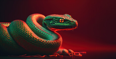 closeup of green snake on red background. banner. generative ai