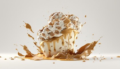  a cupcake with caramel and whipped cream on top of it with a splash of caramel on top of the cupcake and the cupcake.  generative ai