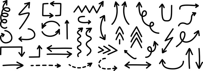 Set of hand-drawn arrows. Collection of hand drawn arrows on transparent background. Arrow mark icons. PNG image