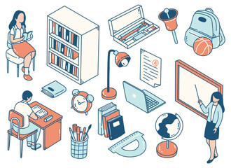 Set of School Supplies Design Element in Isometric Doodle Style Illustration