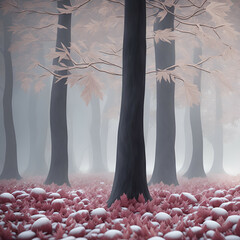 misty morning in the woods - white leaves background - winter leafs - Generative AI