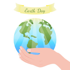 Earth Day. Hands hold earth, globe. Poster, postcard for International Earth Day on April 22. Concept of protecting  planet. Vector illustration