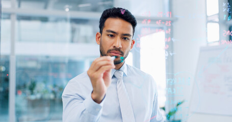 Thinking, strategy and serious businessman writing on glass wall with thoughtful analysis in...