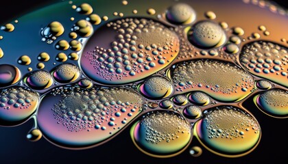  a close up of water droplets on a black background with a rainbow hue to the bottom of the image and the bottom of the image to the bottom of the image.  generative ai