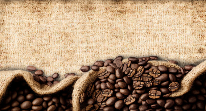 coffee beans in burlap bag. banner. generative ai