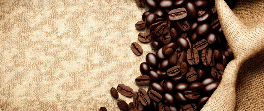 coffee beans in burlap bag. banner. generative ai