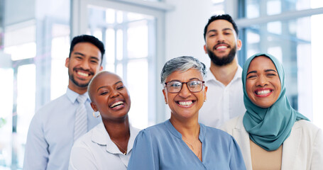 Obraz premium Portrait, business, woman and leader with group, smile and project success for advertising agency, collaboration and teamwork. Company, diversity and staff with ceo, corporate planning and happiness
