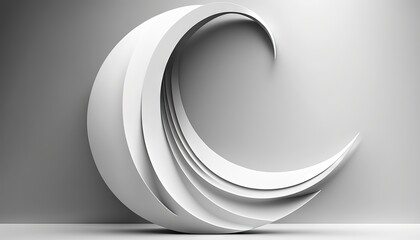  a white sculpture with curved shapes on a gray background with a white floor and a gray wall behind it, with a light reflection on the wall.  generative ai