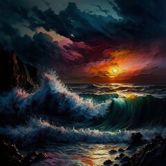 Fototapeta na wymiar Sunset over the stormy ocean, huge waves