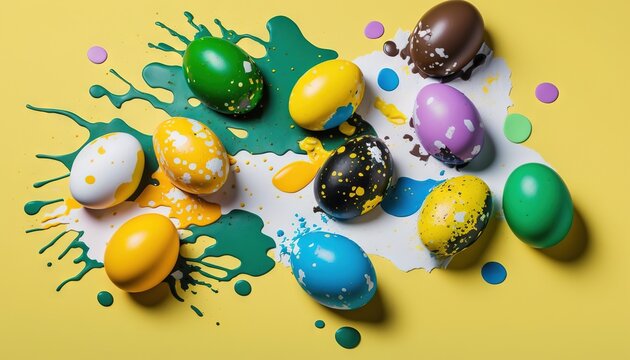  a group of colorful eggs sitting on top of a table next to paint splattered on a yellow surface with green and purple spots.  generative ai