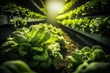 Organic lettuce and vegetable plantation, young healthy seedlings growing up in the sun. Generative ai