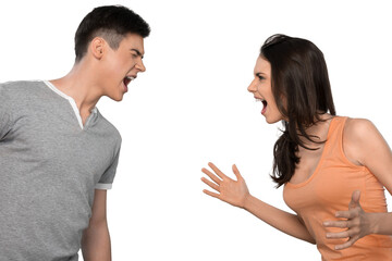 Young beautiful couple arguing and screaming with facial expression, isolated on white background