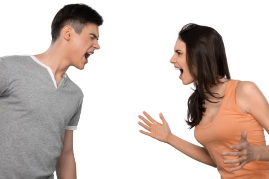 Young beautiful couple arguing and screaming with facial expression, isolated on white background - Powered by Adobe