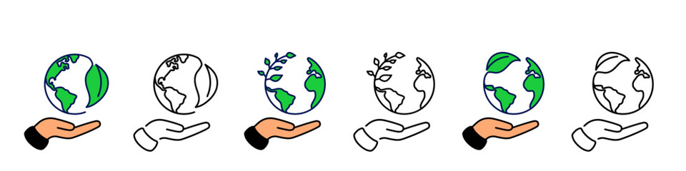 Hand and earth with leaf icon over white background illustration, eco concept sign