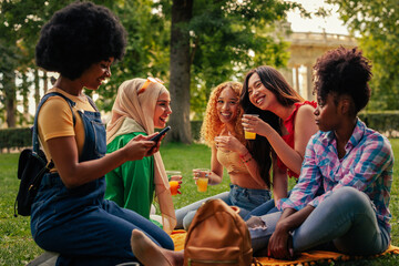 group of girls on picnic in park