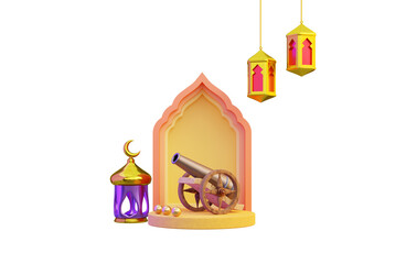 ramadan door lentern and cannon icon on transparent background 3d render concept for ramadan event