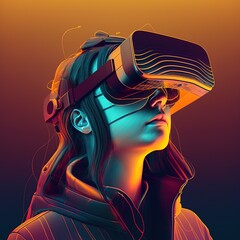 A woman with a virtual reality headset and exploring the metavers