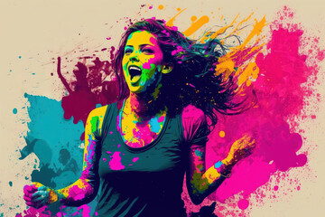Happy woman with color splashes on Holi Festival created with generative AI technology