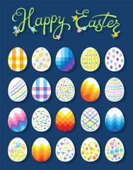 Happy Easter card. Collection of twenty decorative colorful eggs with inscription. Isolated on a dark blue background. Vector flat illustration.