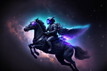 Fototapeta na wymiar man riding on the back of a black horse. generative ai.