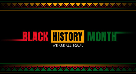 Black History Month celebration banner with colorful ornaments and signs