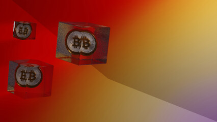 Abstract 3d background with ice cubes and bitcoin coins inside on a orange background. Creative background on the theme of cryptocurrencies and finance. Abstract banner with bitcoin for web design.