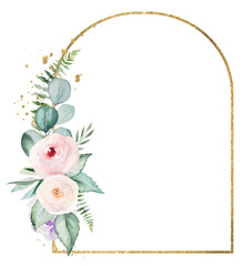 Golden Frame with pink watercolor flowers and light green leaves, wedding illustration