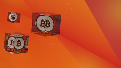 Abstract 3d background with ice cubes and bitcoin coins inside on a orange background. Creative background on the theme of cryptocurrencies and finance. Abstract banner with bitcoin for web design.