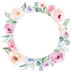 Round frame made of romantic pink watercolor flowers and light green leaves, pastel wedding element