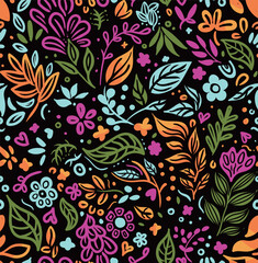 floral pattern in doodle style with flowers and leaves. seamless repeating pattern,