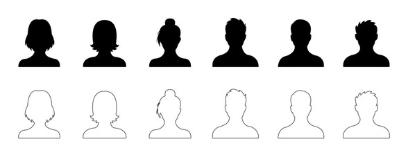 set of silhouettes, Detailed Head Silhouettes of males and females, Male and female head avatars with outlines, faceless males and females head and shoulder avatar	  - obrazy, fototapety, plakaty