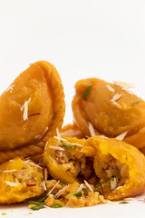 Kesar Gujia Also Called Gujiya, Pirukiya, Pirukia, Pedakiya, Karanji, Basundi Or Gughra Stuffed With Mawa, Khoya, Chasni, Mava, Khoa - Indian Dumpling Enjoyed On Deepawali, Teez, Holi, Diwali And Teej