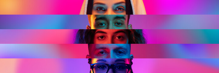 Collage. Close-up image of male and female eyes isolated on colored neon backgorund. Multicolored...